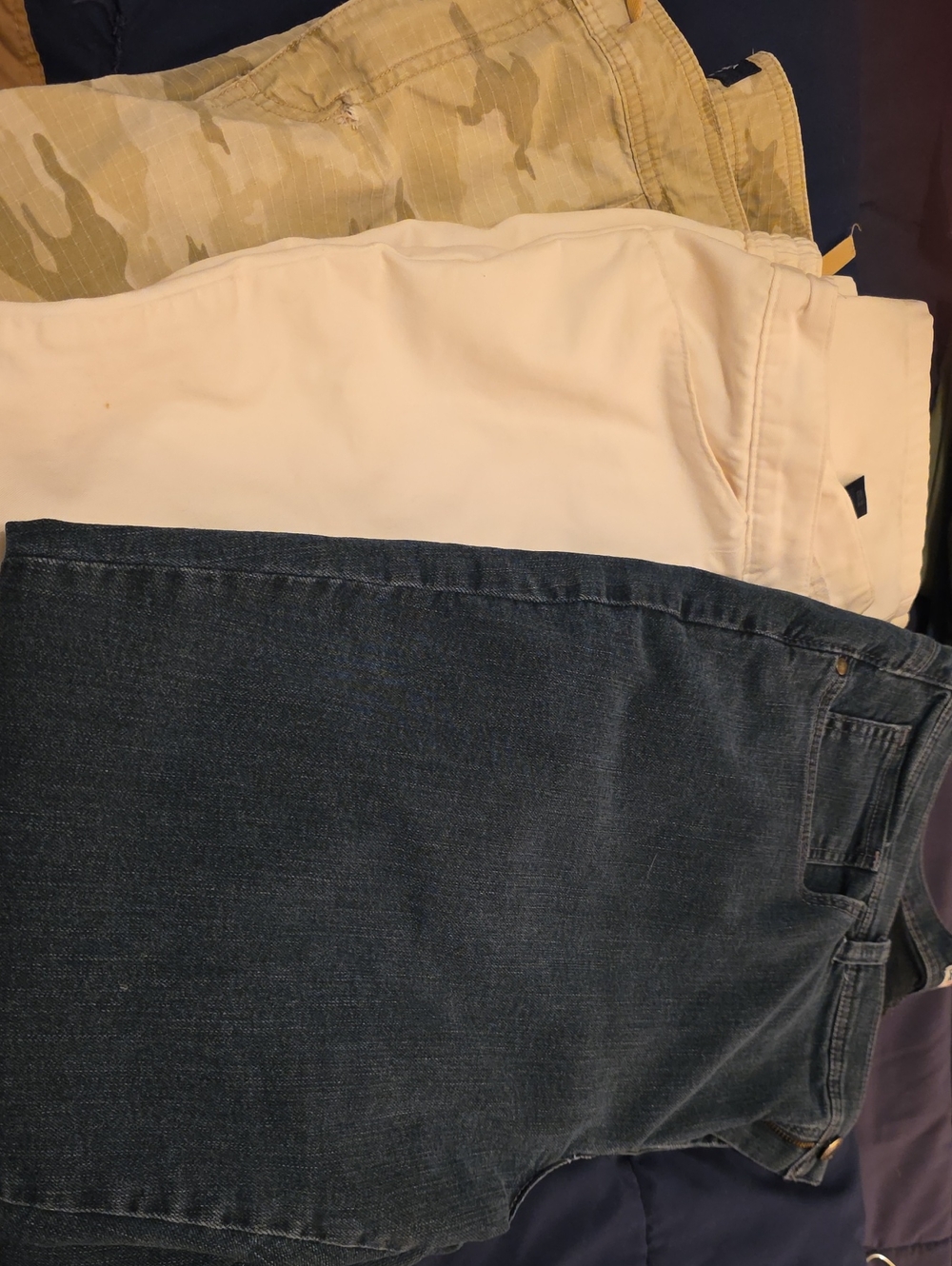 Three-Pair Pants Bundle - Denim, Khaki Camo, and Cream